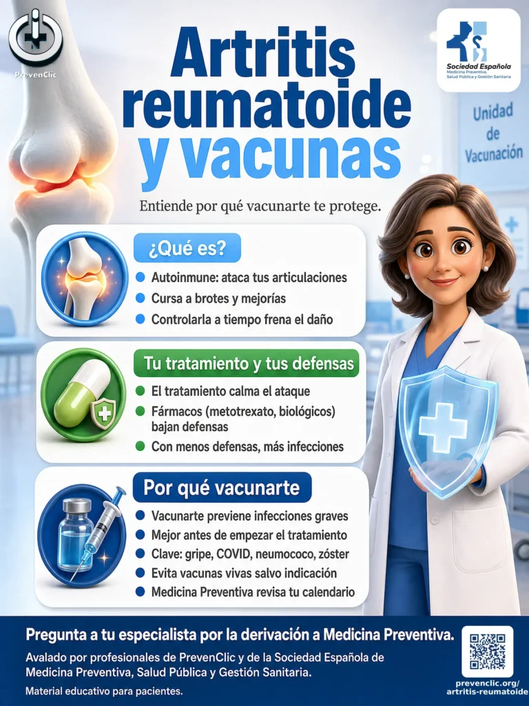 Infografía Artritis reumatoide y vacunas — PrevenClic × SEMPSPGS