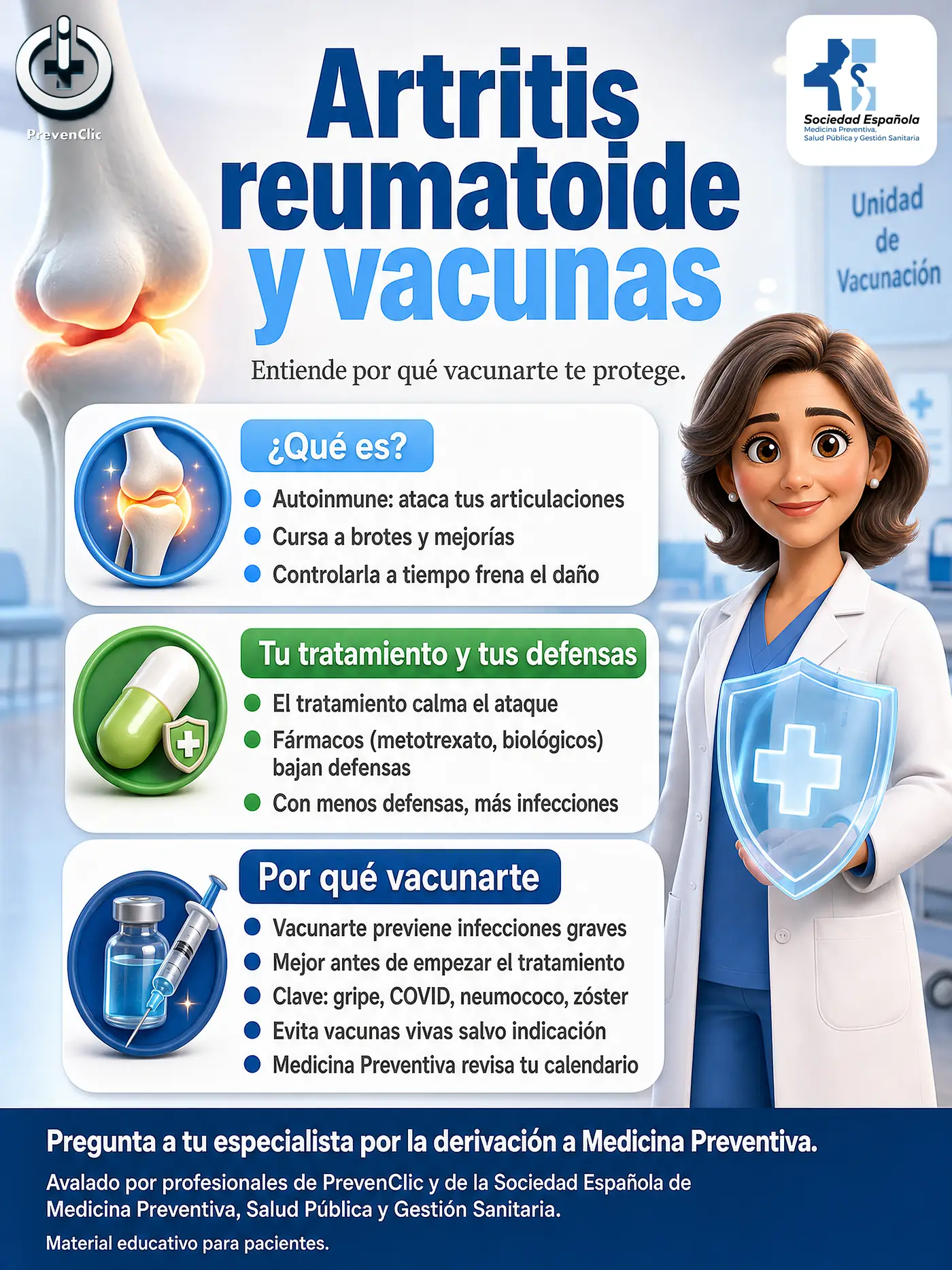 Infografía para pacientes: artritis reumatoide y vacunas. Qué es la enfermedad, cómo el tratamiento afecta a las defensas y por qué vacunarse (gripe, COVID-19, neumococo, herpes zóster). PrevenClic y SEMPSPGS.
