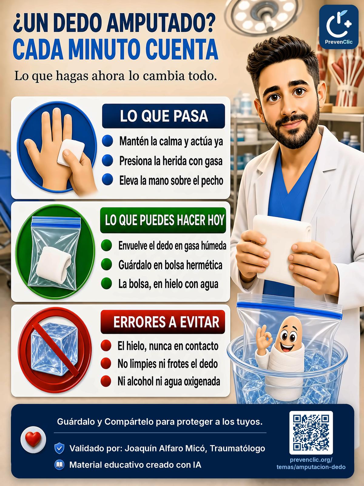 Infografía de PrevenClic sobre qué hacer en los primeros minutos tras la amputación de un dedo