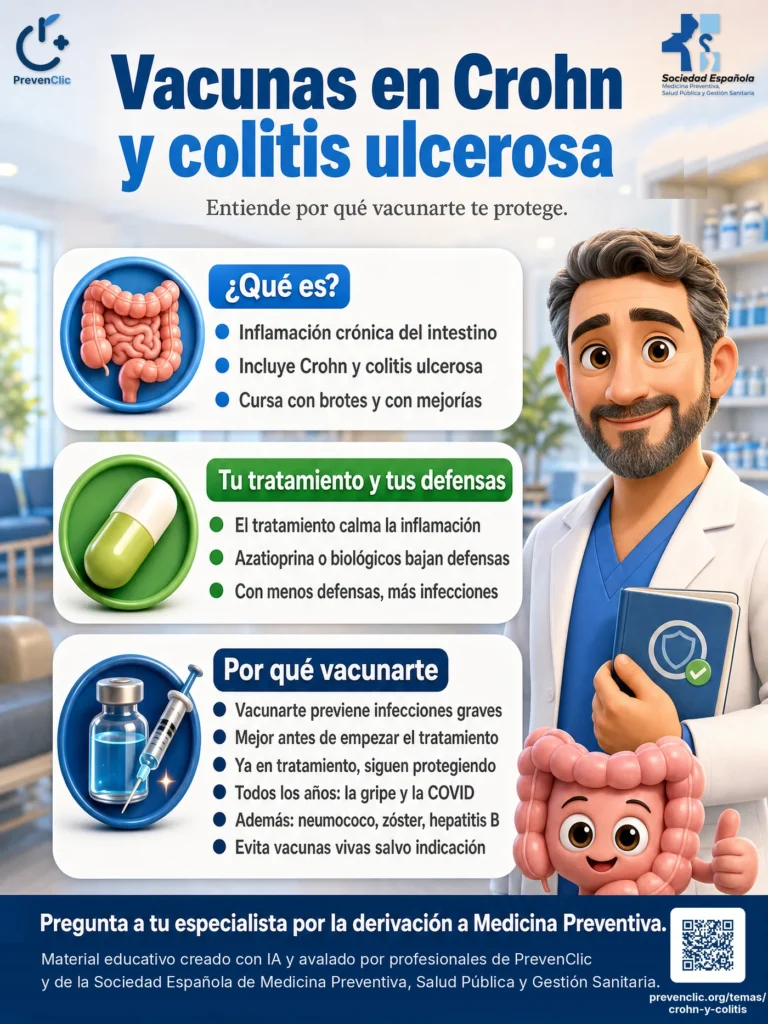 Infografía Vacunas en Crohn y colitis ulcerosa — PrevenClic × SEMPSPGS