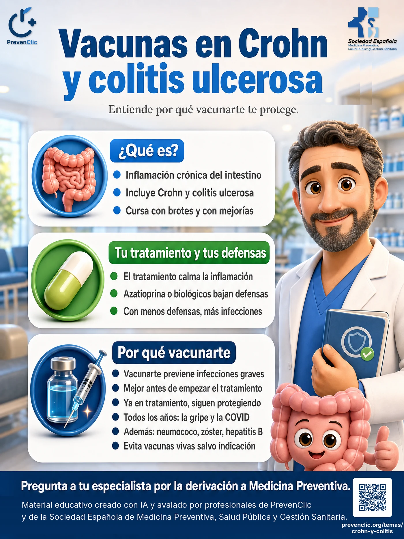 Infografía de PrevenClic y la SEMPSPGS sobre vacunación en pacientes con enfermedad inflamatoria intestinal en tratamiento inmunosupresor.