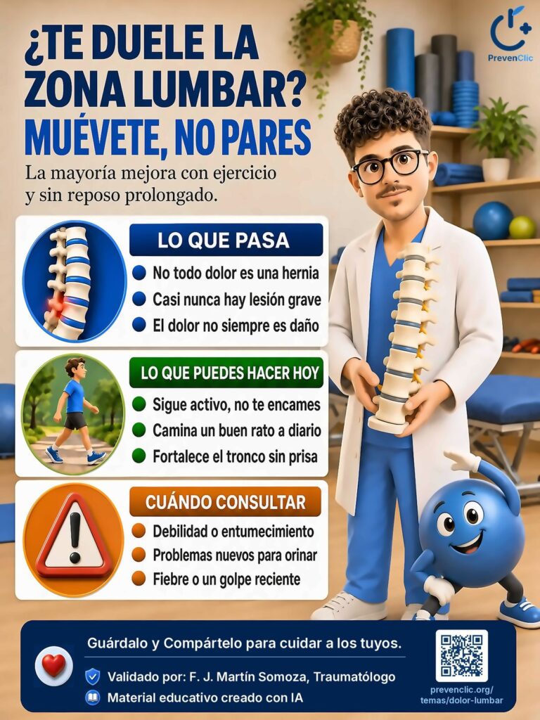 Infografía de PrevenClic sobre el dolor lumbar y por qué conviene mantenerse activo