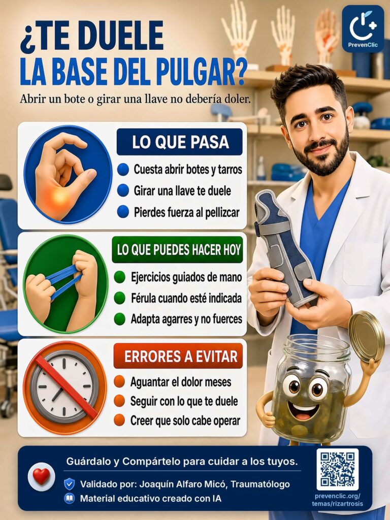 Infografía de PrevenClic sobre la rizartrosis o artrosis de la base del pulgar