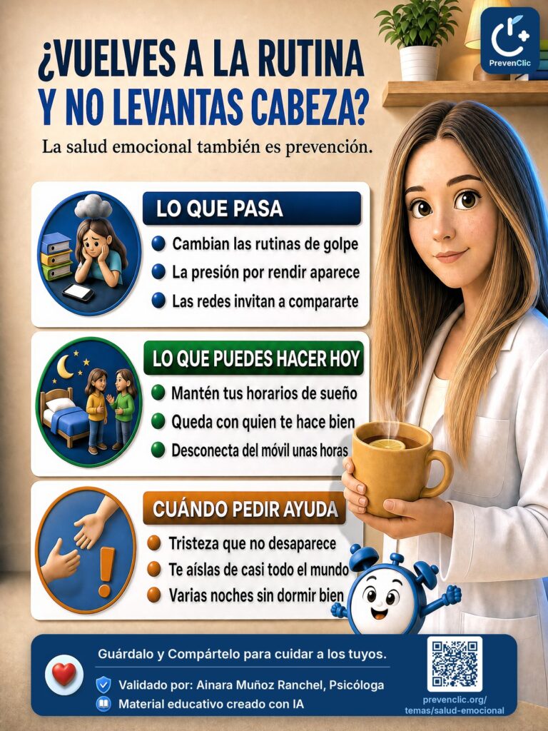 Infografía de PrevenClic sobre salud emocional en la vuelta a la rutina