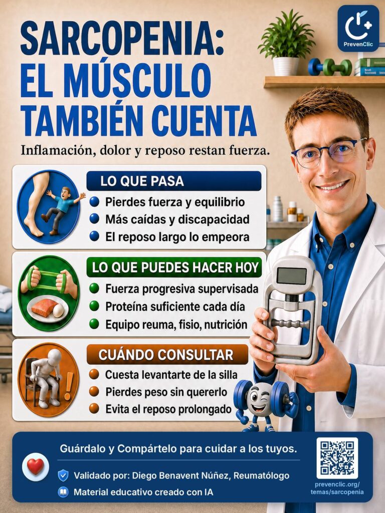 Infografía de PrevenClic sobre la sarcopenia en enfermedades reumáticas
