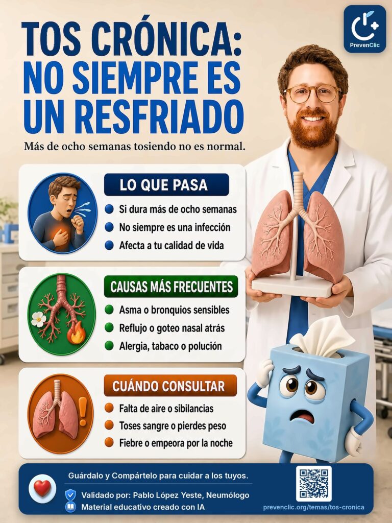 Infografía de PrevenClic sobre la tos crónica, sus causas y cuándo consultar