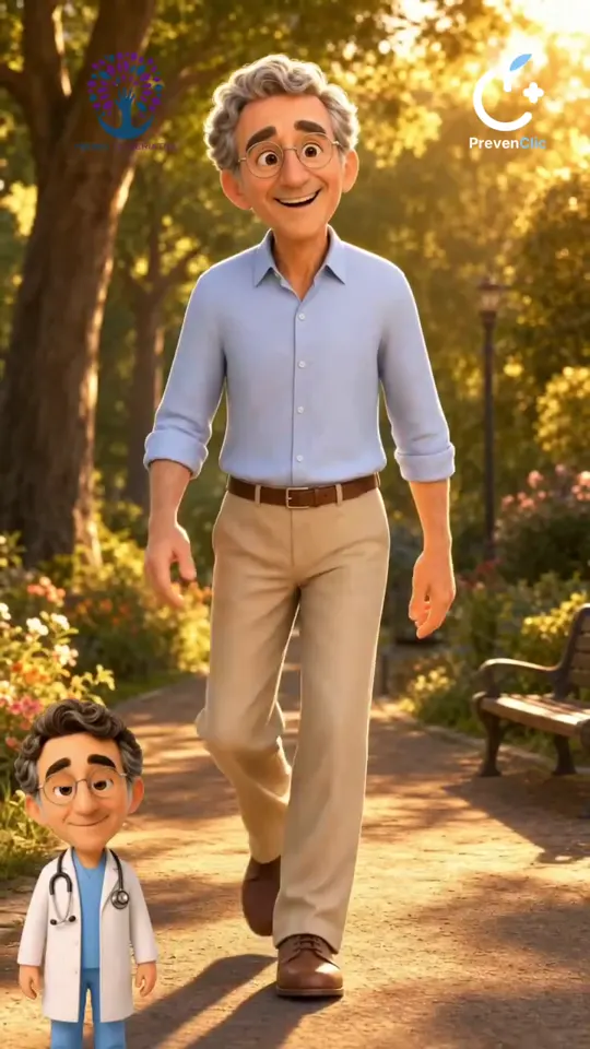 Pedro, en versión animada, camina por un parque al atardecer