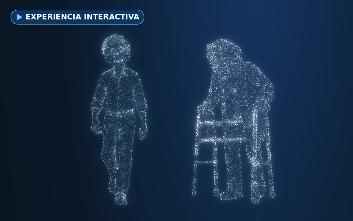 Las dos siluetas de Pedro a los 80 años, en partículas de luz: una camina y la otra usa andador