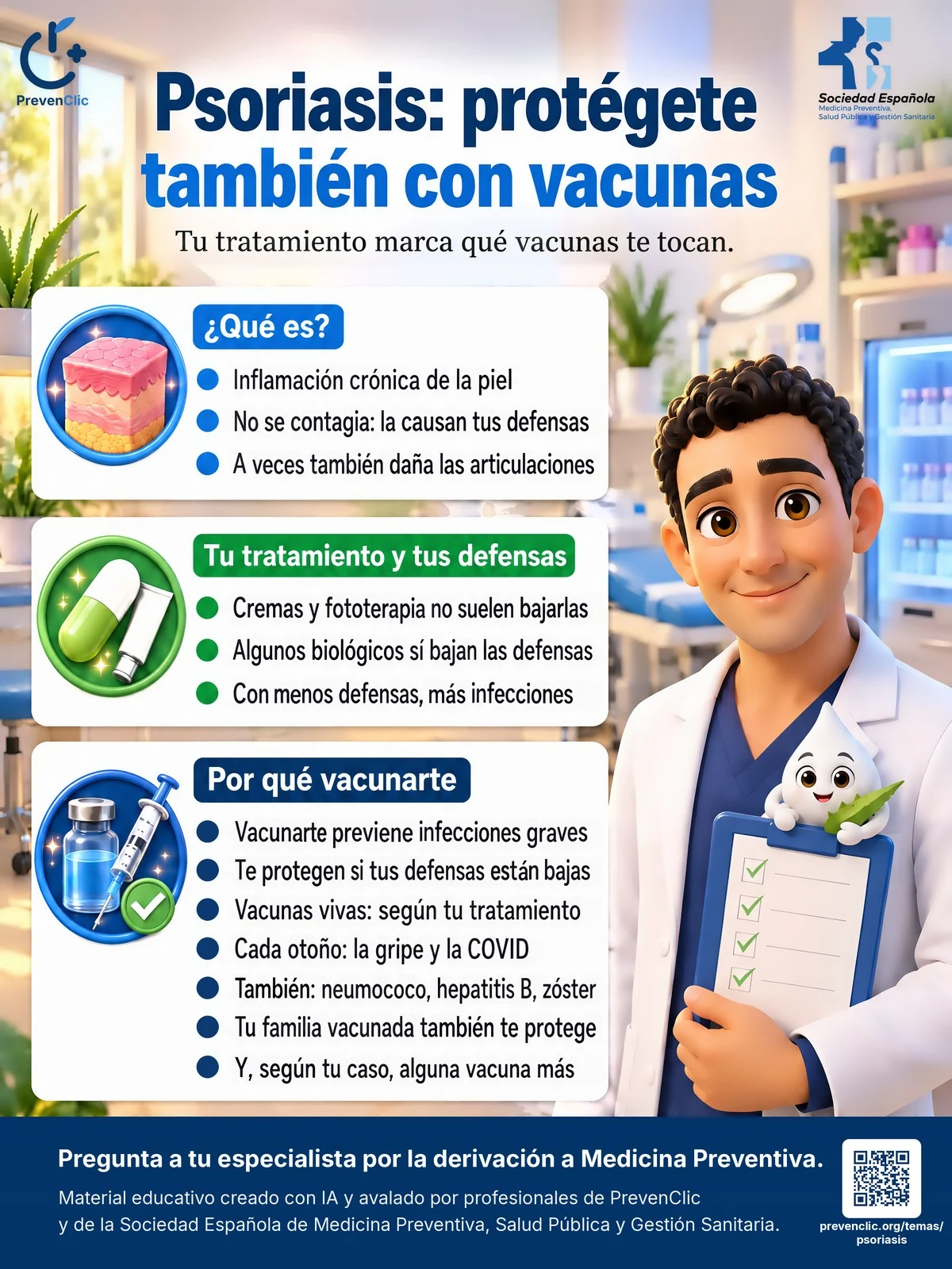 Infografía de PrevenClic y la SEMPSPGS sobre psoriasis y vacunas: qué es, por qué algunos tratamientos bajan las defensas y aumentan las infecciones, y por qué vacunarte previene infecciones graves.