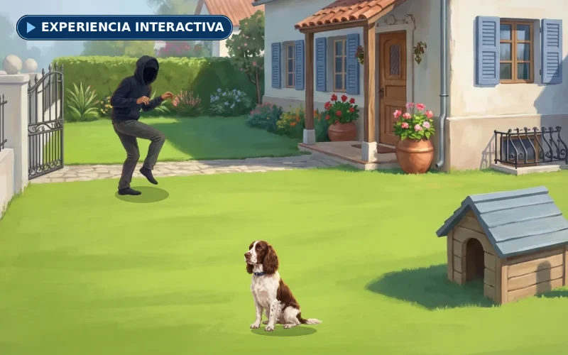 Un springer spaniel vigila el jardín de su casa mientras un ladrón entra por la verja